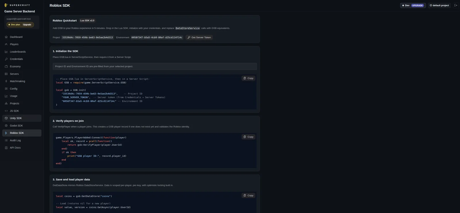 GSB Roblox SDK quickstart panel